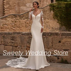 Sexy Mermaid Wedding Dress Customized Illuion Applique Long Sleeves V Neck Court Train Lace Bridal Gown Abiti Da Sposa
