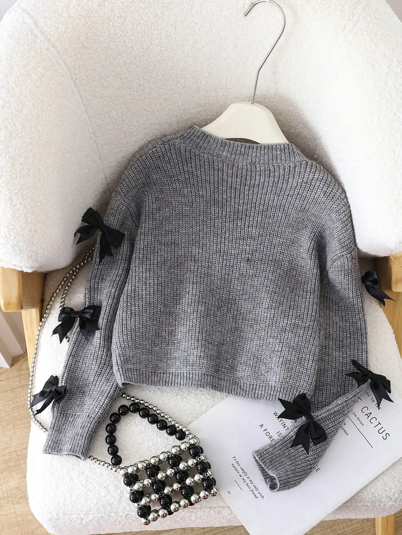 سترة Tween Girl اللطيفة المستوحاة من الباليه بفيونكة مزدوجة ورقبة دائرية مقصوصة، بلوفر محبوك جميل باللون الرمادي #2