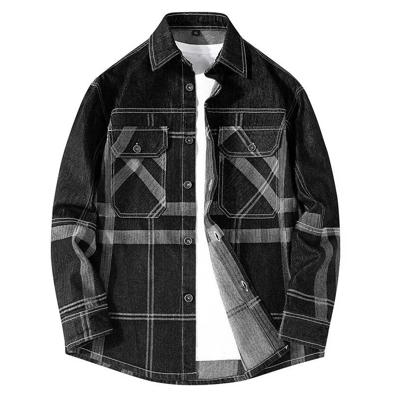 Spring And Autumn Men's Denim Shirt Thin Denim Plaid Jacket Men's Denim Men's Plaid Jacket Top