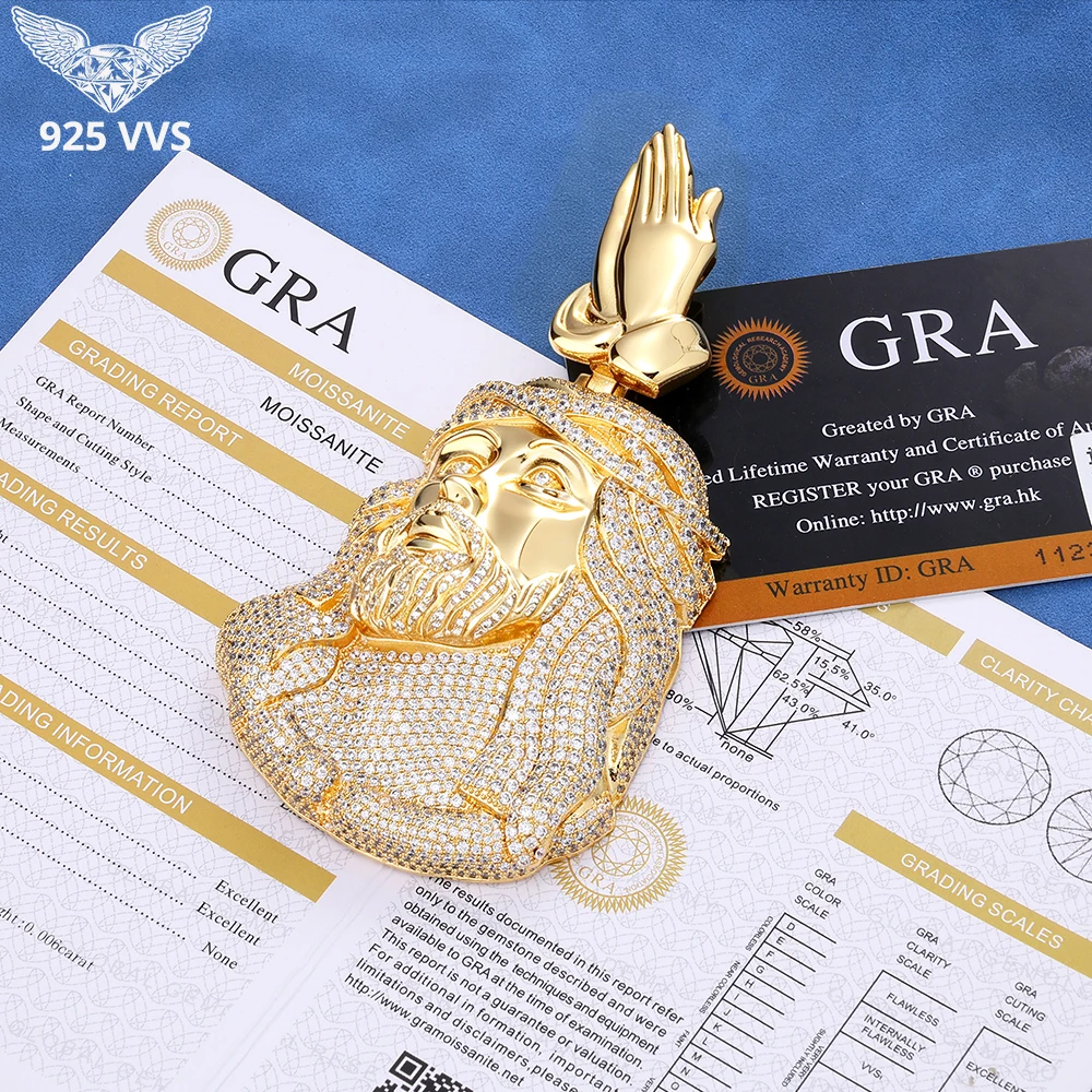Hip Hop Jewelry Iced Out VVS1 Moissanite Praying Hands Jesus Pendant 925 Sterling Silver Tested With Diamonds Fashion Necklace