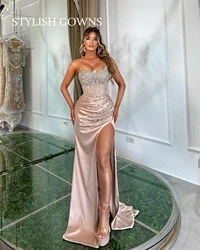 Dubai Strapless Evening Dresses Sparkly Rhinestones Beaded Crystal Formal Dress Mermaid Prom Robe De Soiree High Slit Celebrity