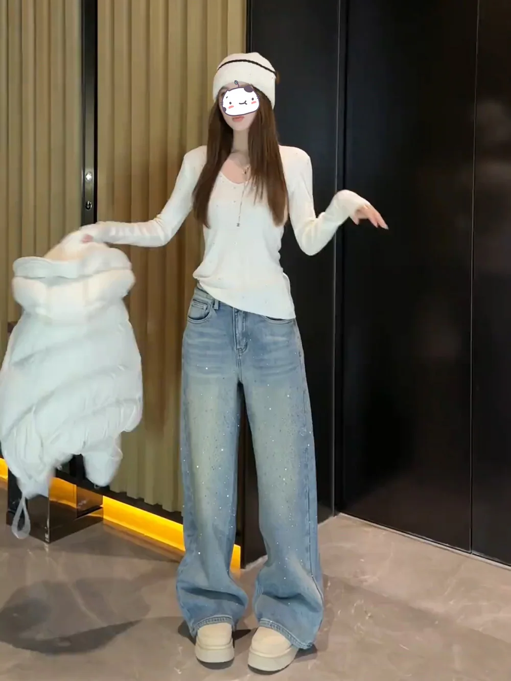 

Yang an Heavy Industry Star Rhinestone Fce Lined High Waist Straight Leg Denim Jeans Women Loose Wide Leg Pants
