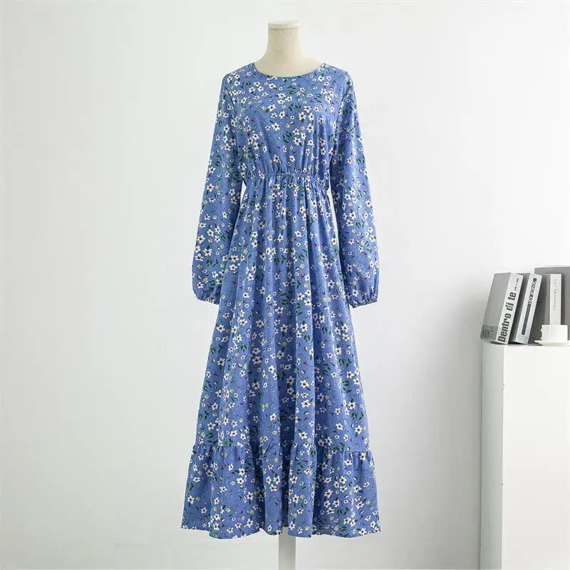 Spring Summer Women Chiffon Dresses Casual Floral Printed Bark Crinkling Long Dresses O-neck Long Sleeve Loose Muslim Maxi Dress