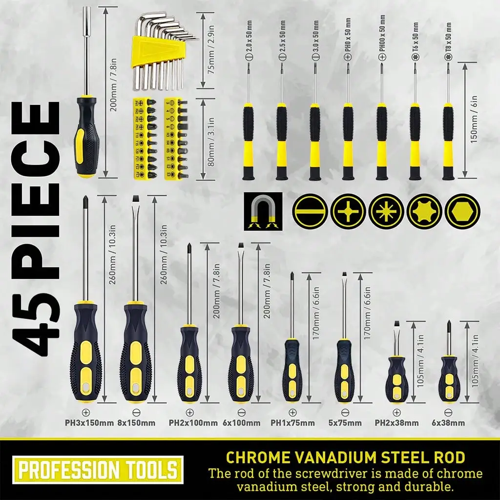45pcs-Professional Screwdriver Set With Magnetic Bit Holder - Chrome Vanadium Steel, Includes Slotted, Hex, Torx Bits & Precision Tools - Durable Repair Kit For DIY & Industrial Use