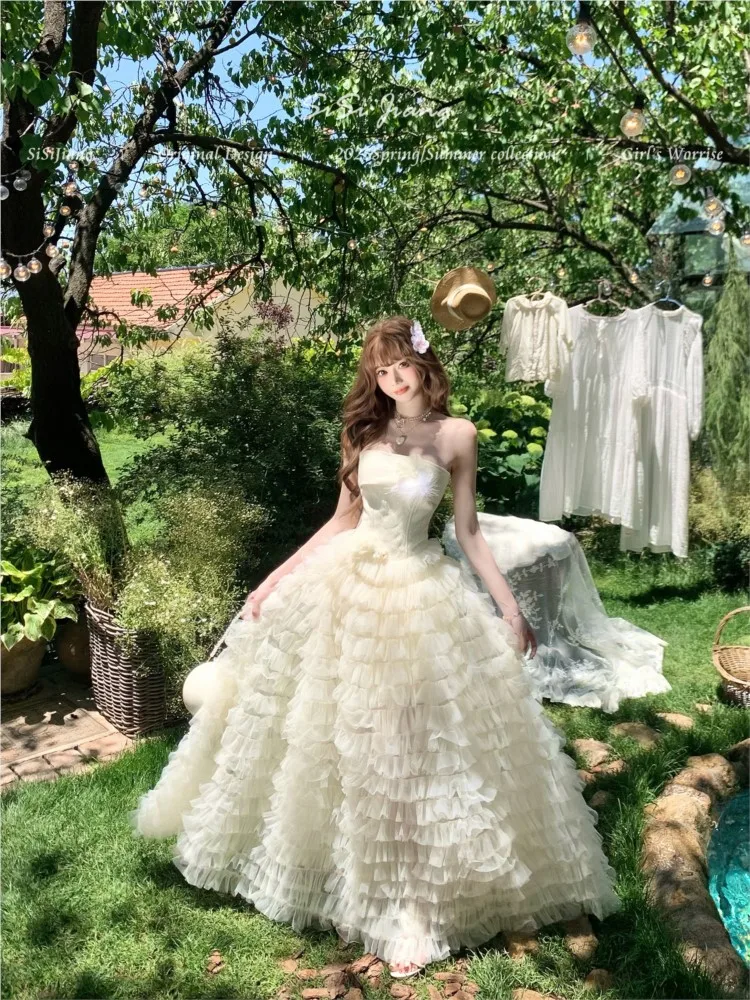 

Gentle and sweet strapless off-the-shoulder mesh cake elegant long dress