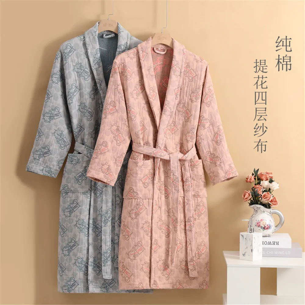 Cotton Four-layer Jacquard Gauze Women's Bathrobe Homewear Kimono Robe with Belt and Pockets Bathrobe Women