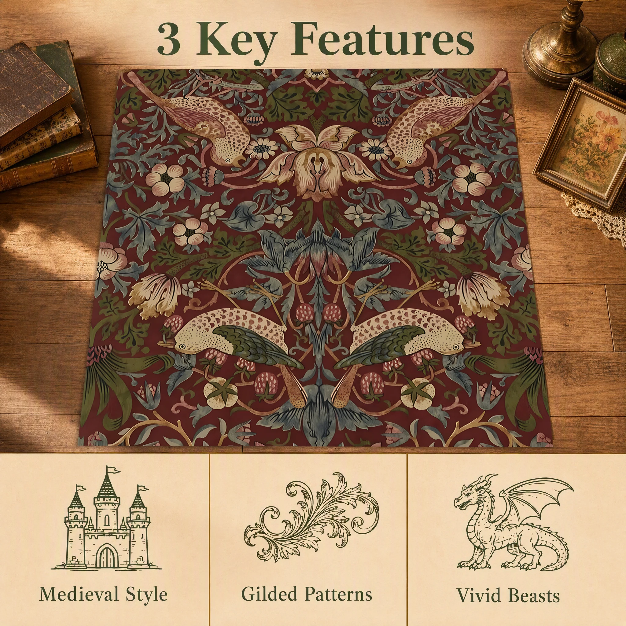 Vintage Floral and Bird Patterned Velvet Rug, Perfect for Autumn and Winter, Suitable for Living Rooms, Bedrooms, and Entryways, Creating a Rich Autumn Harvest Atmosphere