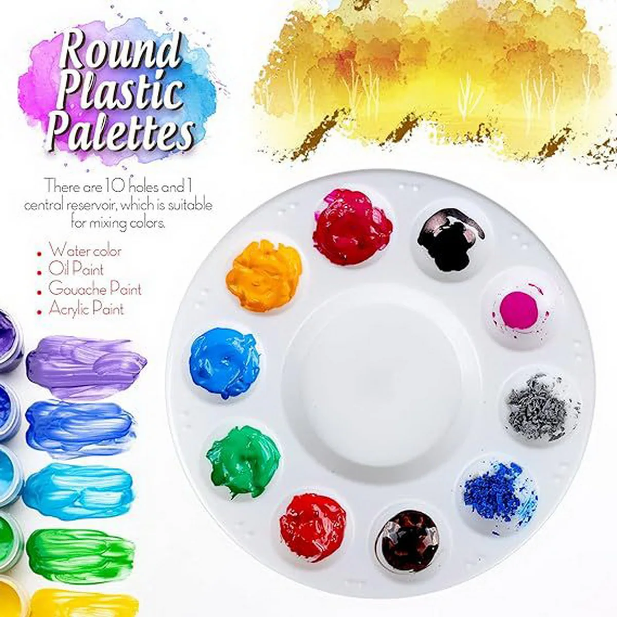 Runde Farbpalette mit 10 Löchern für Kunstmalerei, Aquarell-Gouache – mehrfarbige Farbpalette