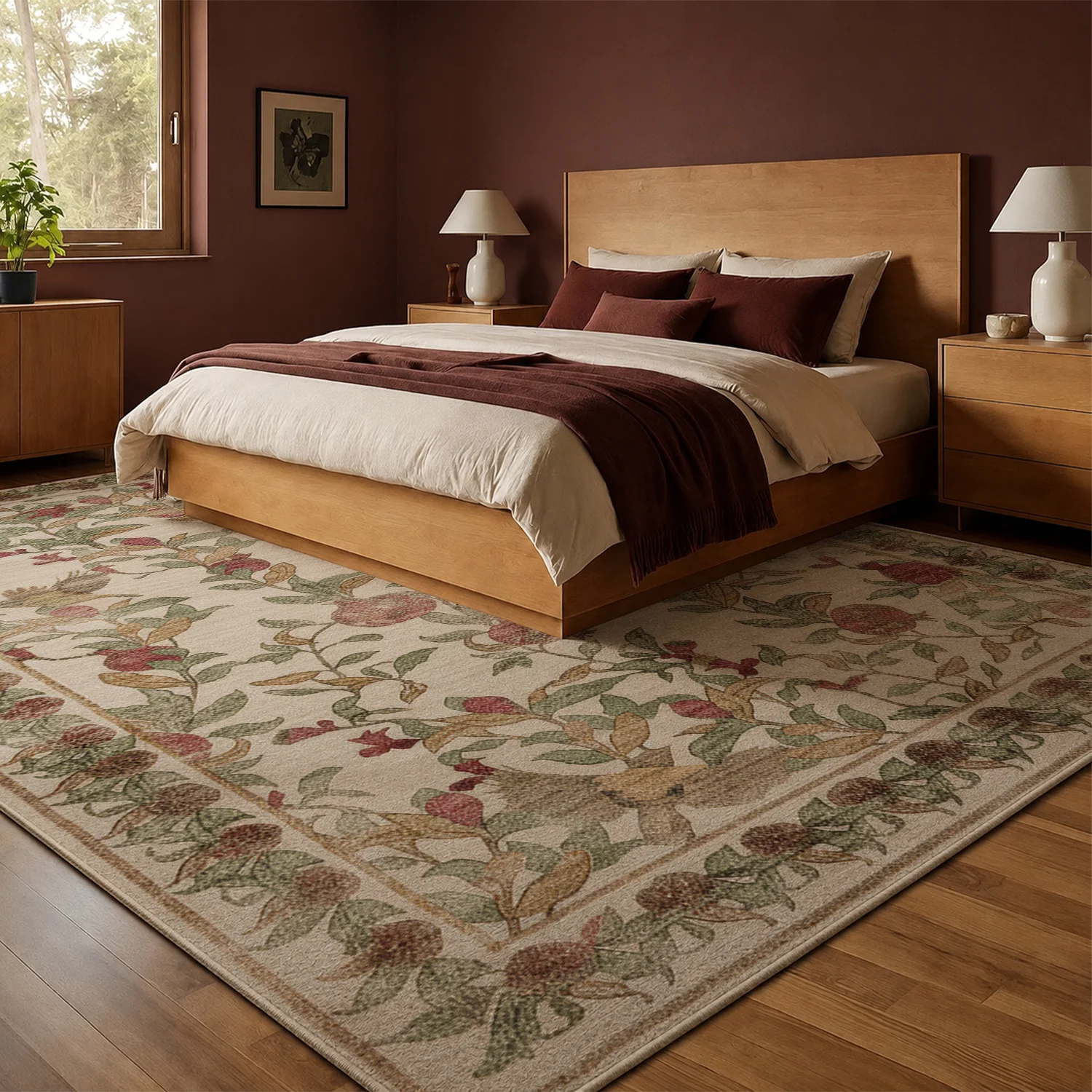 Large Indoor Area Rug, Soft Velvet Low Pile with Non-slip Dotted Backing, Machine Washable Vintage Pomegranate & Bird Pattern Rug for Living Room Bedroom