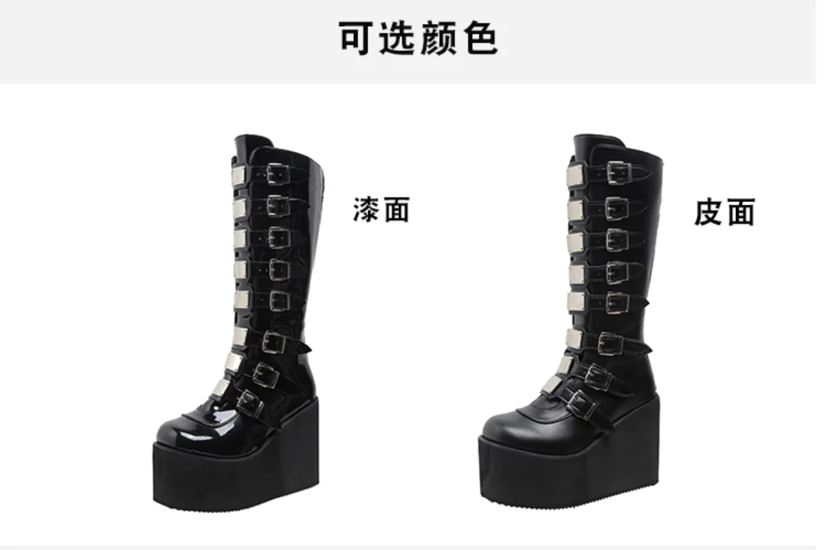 Brand Design Female Wedges High Heels Knee High Boots Black Platform Boots Women 2022 Gothic Cosplay Shoes Botas Femenina