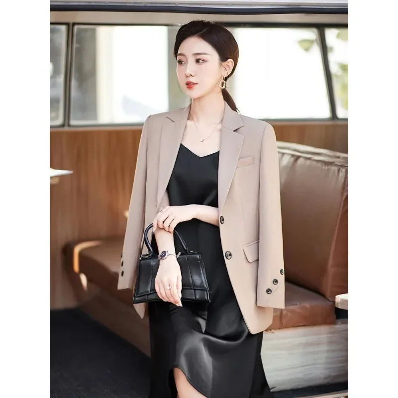 Gray Khaki Black Ladies Blazer Women Solid Slim Jacket Female Long Sleeve Single Button Casual Coat