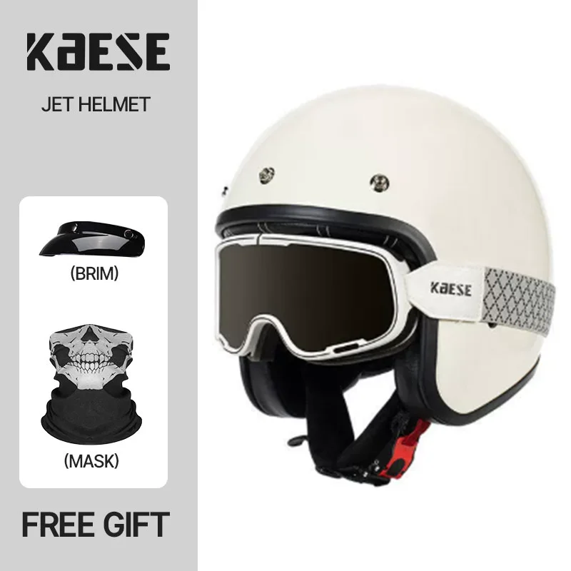Fashion Milky White Men Women 3/4 Open Face Motorcycle Helmet with Googles ABS Retro Lightweight Motorbike Casco Street Riding