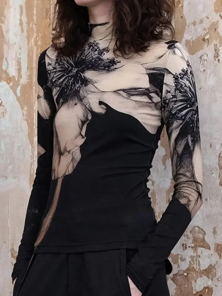 

Modigirl 2025 New Women Vintage Print T-Shirts High-Neck Long Sleeves Stylish Selection Skinny Women Casual Black Trendy Tops