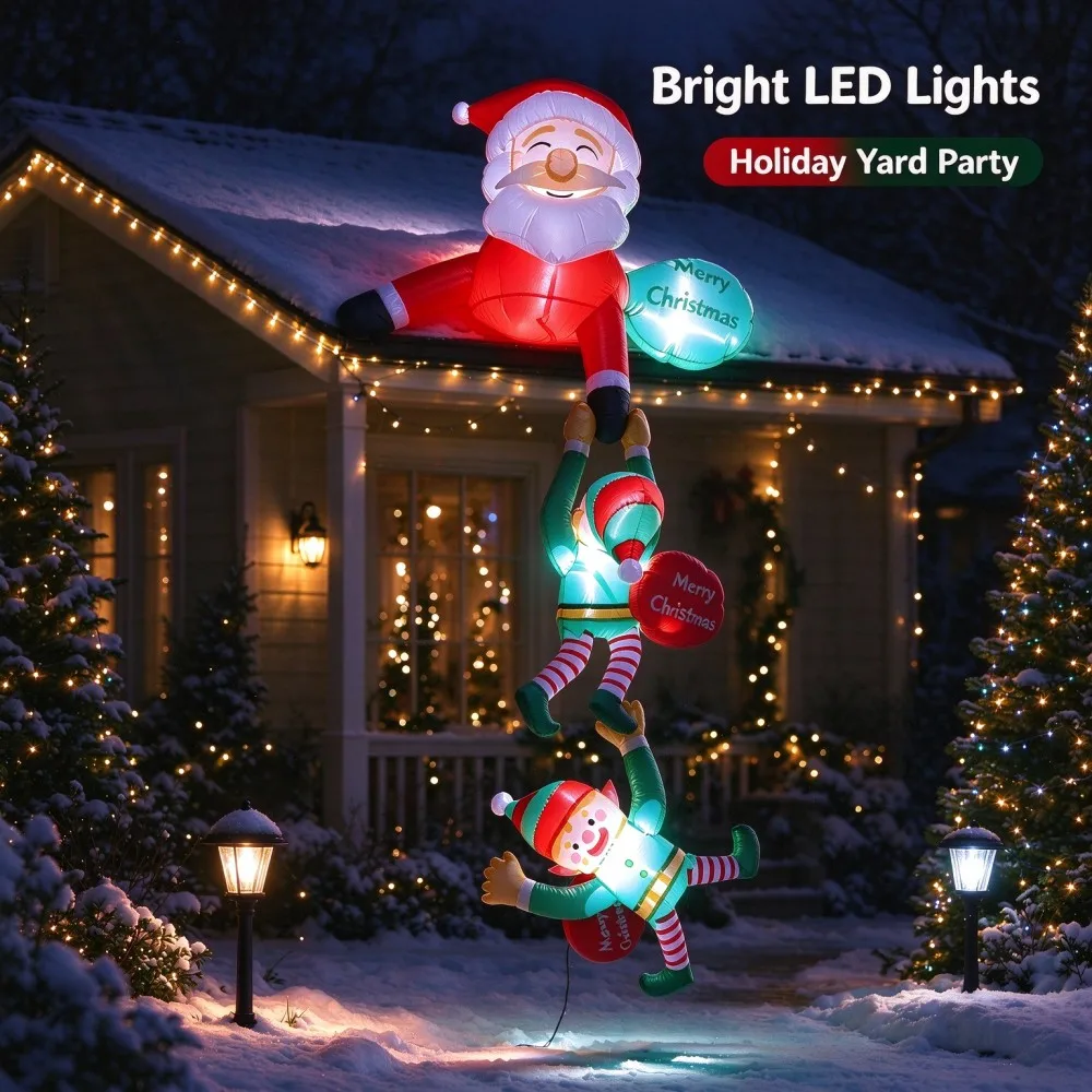 2.4M Inflatable Suspended Santa Claus With 2 Elf Built in LED Lights Indoor Outdoor Courtyard Roof Windows And Square Decoration