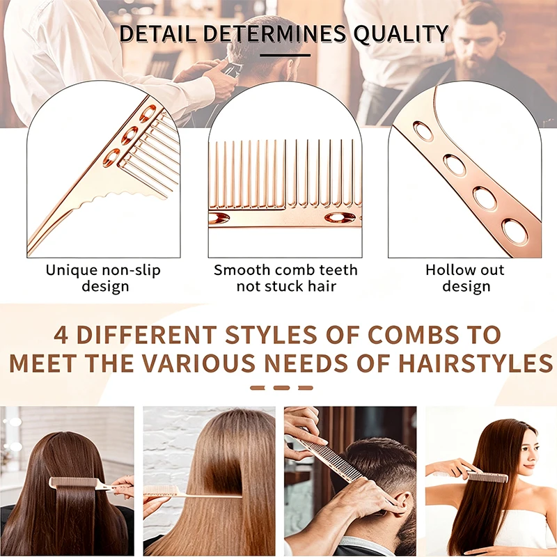 4Pcs Rose Gold Hairdressing Comb Set Heat Resistant Salon Hair Cutting Combs Anti‑static Barber Styling Hair Brush Combs for All