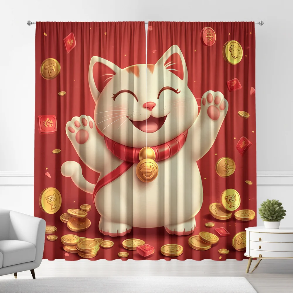 Cute Fortune Lucky Cat Curtain Panels,Red Base Maneki Neko Gold Coin Red Packet Wealth Pattern Drapes for Dining Room Decoration