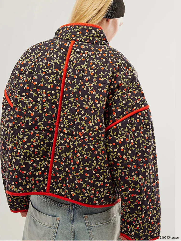 Chaqueta gruesa con estampado Floral para mujer, abrigo cálido de algodón con bolsillo, holgado e informal, a la moda, otoño e invierno, 2023