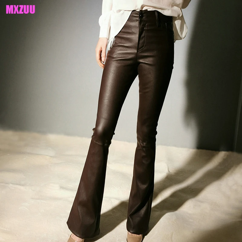 Women's Stretch Leather Pants Autumn Winter High Quality Mid Waist Skinny Versatile Pantalones Mujer Sheepskin Flared Trousers