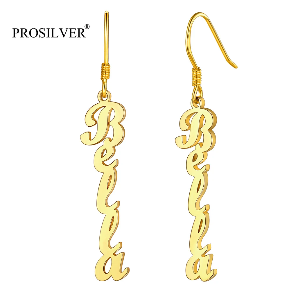 

PROSILVER Custom Name Sterling Silver Earrings for Women 18K Gold Plated Long Dangling Drop Earring PYE15073