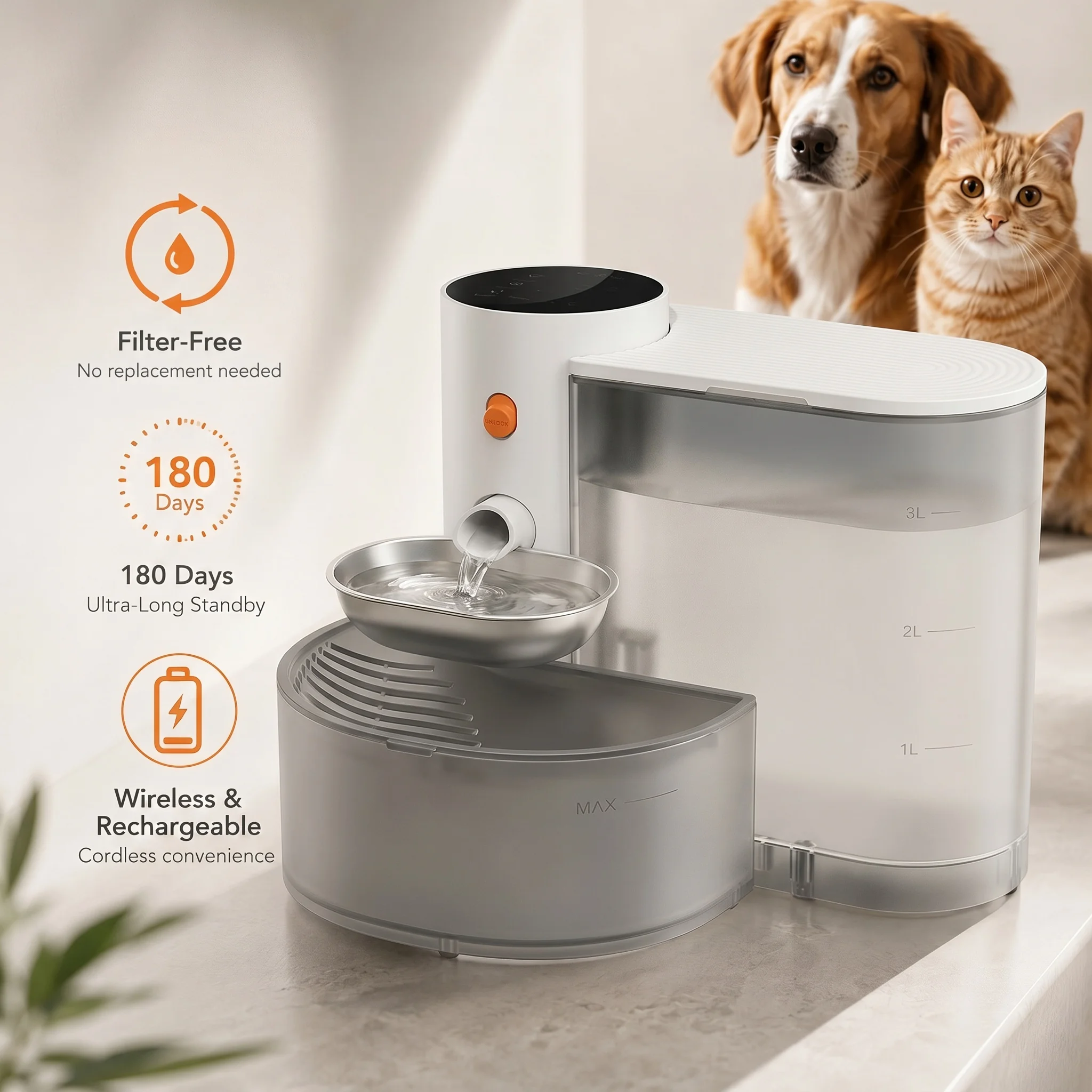 Smart Pet Water Fountain,3L Wireless Cat Water Fountain No Filter,Battery Operated Ultra Silent Cat Fountain Rechargeable