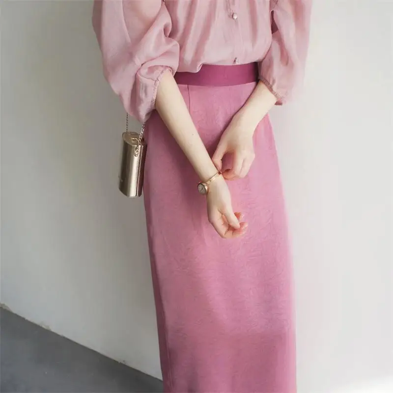 Blossom Red Contrasting Color Double Sided Knee Over High Waist Half Length Skirt Women Texture Silk Matte Smooth Artistic Sense