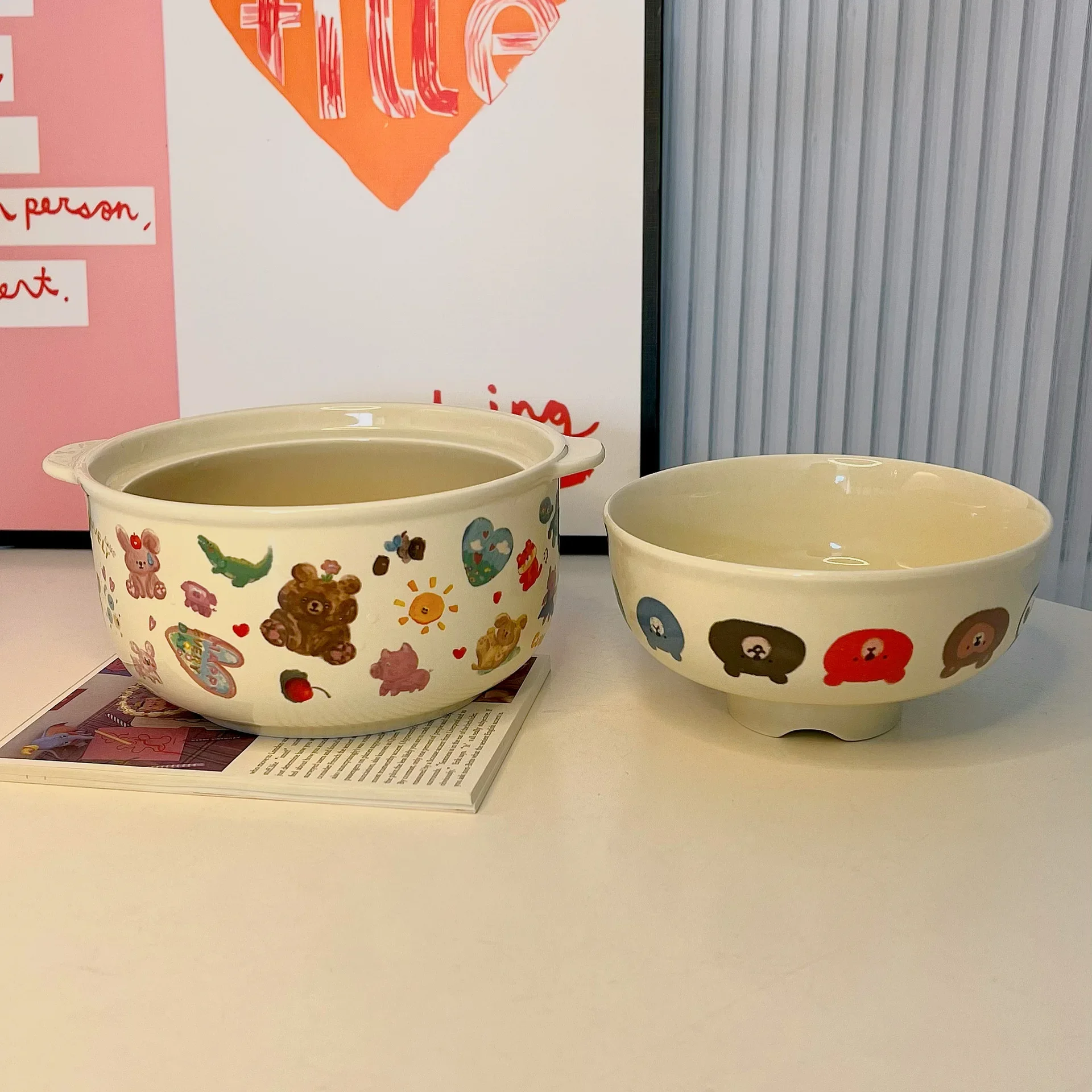 Cute cartoon with cover girl's heart instant noodles bowl breakfast student dormitory soup ceramic