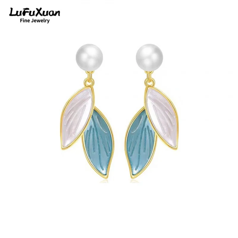 LUFUXUAN natural freshwater pearl earring sterling silver earring 14K gold-filled Morandi color leaves high-end and simple