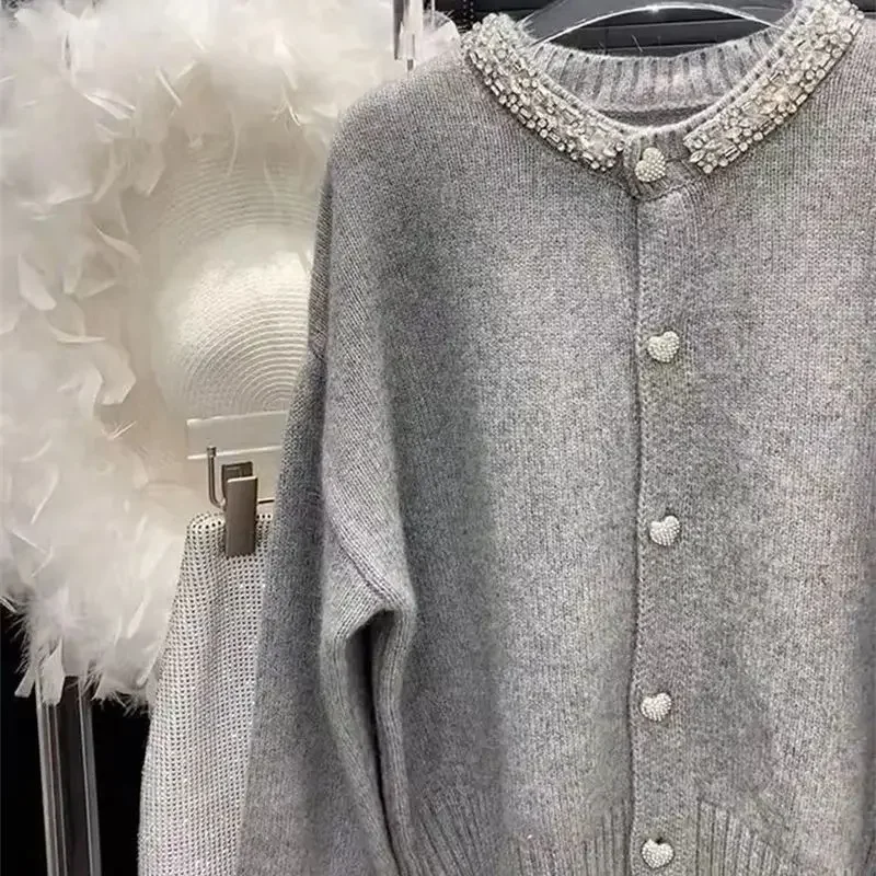 Cardigan en Cachemire à Manches sulfet Col Rond pour Femme, Vêtement Luxueux, Élégant, avec Perles et Diamants, Style Décontracté, Nouvelle Collection Automne