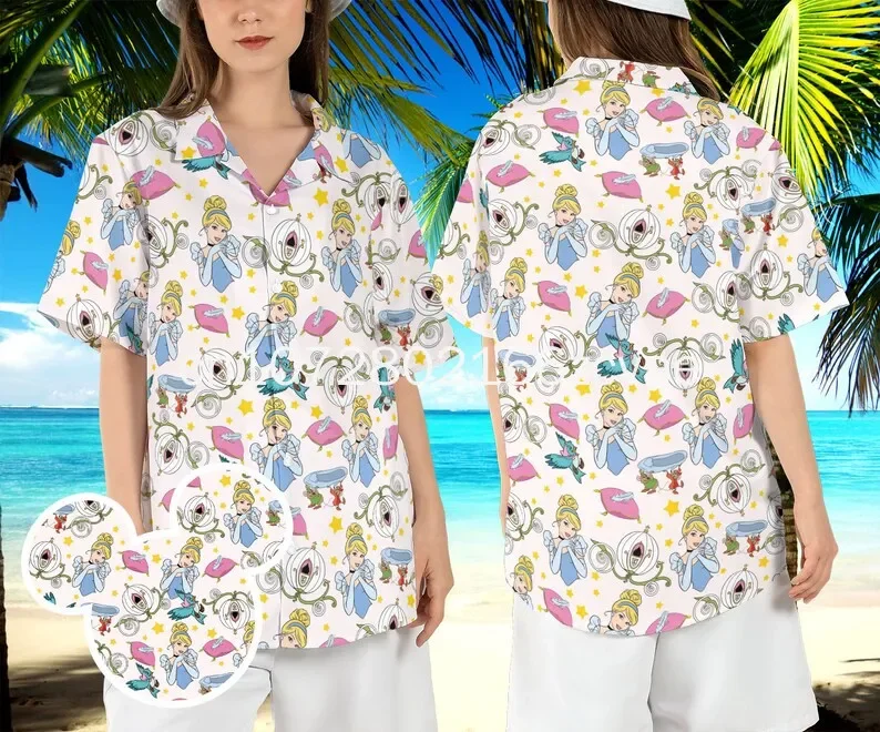 Camisa hawaiana de princesa Disney para hombres, mujeres y niños, camisas de manga corta, camisas hawaianas de Disney, camisa de playa, novedad de verano