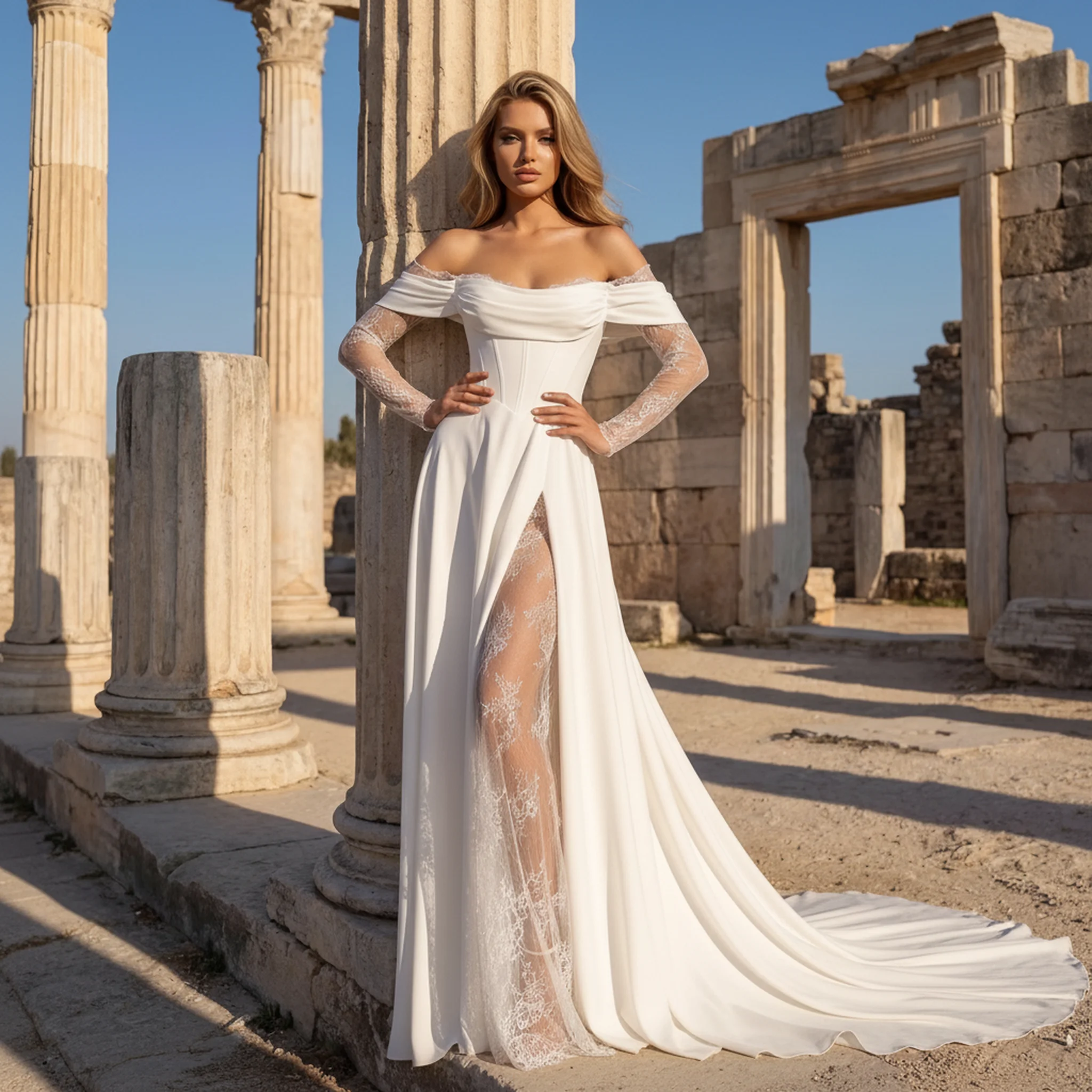 Elegant Satin Off Shoulder Wedding Dresses Long Ball Gown With Train 2025 Vestido Novia Slit Lace Bridal Gown For Women