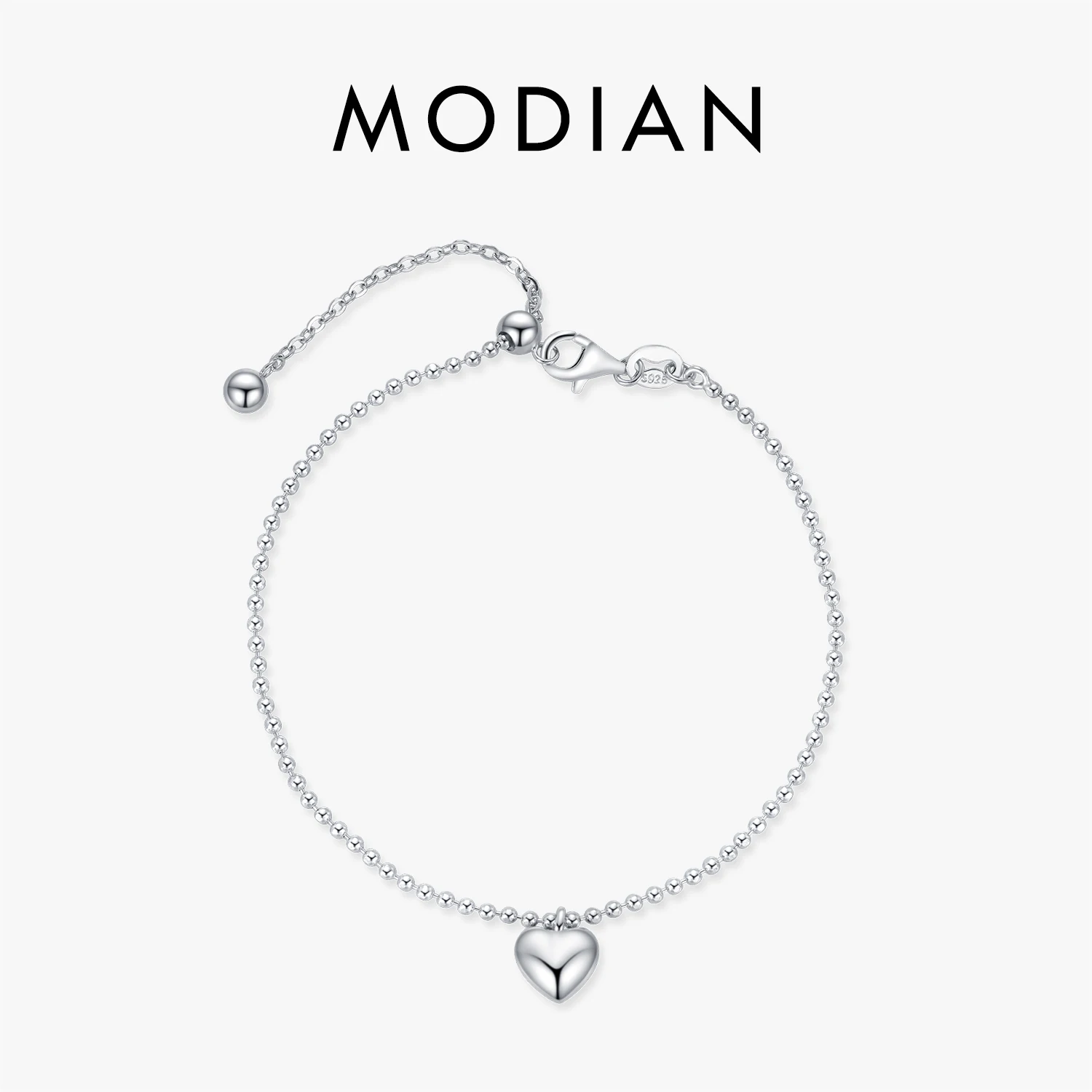 MODIAN 925 srebro modne lustrzane serce Charm bransoletki wykwintne koraliki Link Chain regulowana bransoletka dla kobiet biżuteria