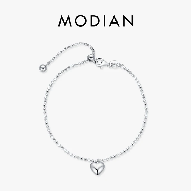 MODIAN 925 srebro modne lustrzane serce Charm bransoletki wykwintne koraliki Link Chain regulowana bransoletka dla kobiet biżuteria