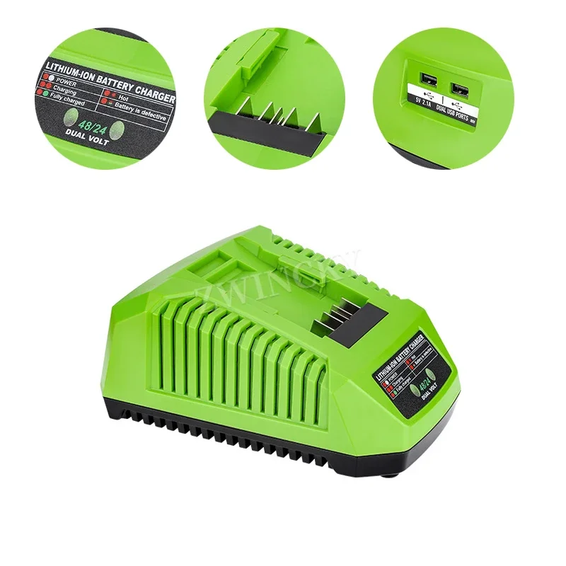 Caricabatteria compatibile per GreenWorks adattatore di alimentazione per batteria al litio 48/24V con doppia porta USB caricabatterie per utensili