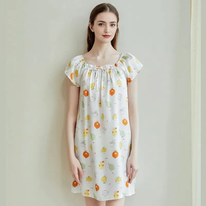 100% Mulberry Silk Nightgown Women Summer Short Sleeve Square Neck Loose Dress Thin Sleep Dress Luxury Loungewear Nightshirts PJ