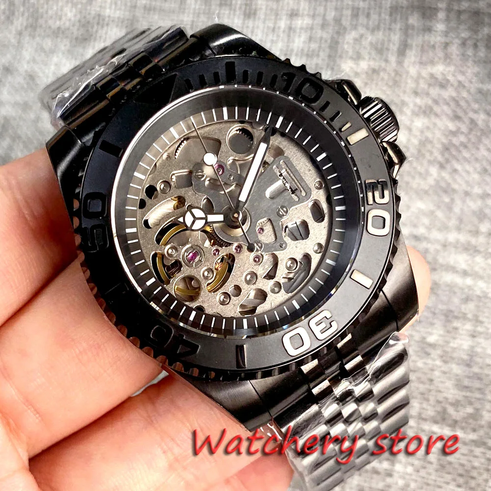 New 40mm NH70 Movement Black PVD Mens Watch Sapphire Glass Luminous Hands Ceramic Black Blue Bezel steel Bracelet