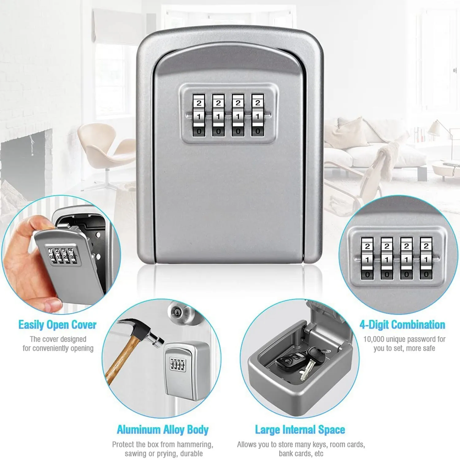 Key Lock Box Wall Mounted 4 Digit Combination Lock Box for House Key Weatherproof Security Key Storage Lock Box Silver