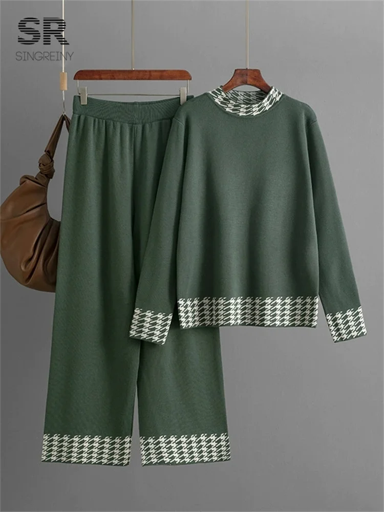 SINGREINY-Conjunto de suéter de pata de gallo para mujer, Jersey holgado + Pantalones largos de pierna ancha, trajes de punto informales de invierno, novedad de 2025