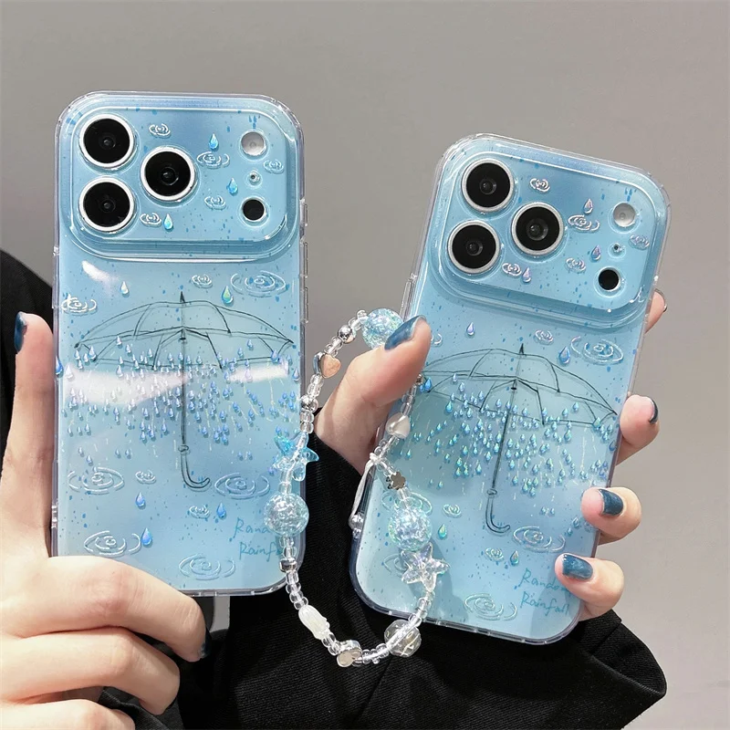 Laser Water Drop Umbrella Cute Phone Case For iPhone 17 Pro 16 15 14 Pro Max Cover with Pendant Fashion Cartoon Protective Cases