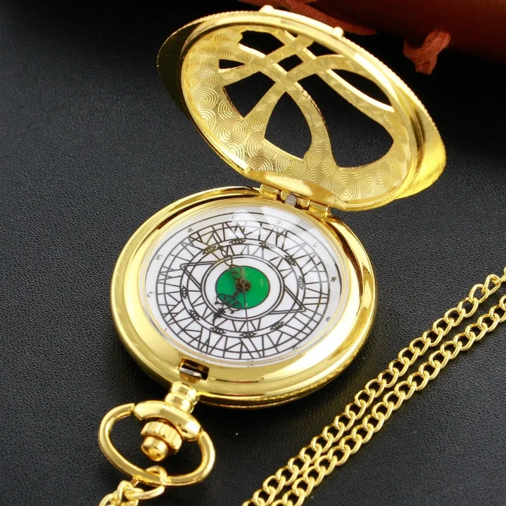 Reloj de bolsillo hueco dorado, collar de Esmeralda, cadena Fob, reloj Steampunk, reloj de bolsillo Vintage de cuarzo, regalo para hombres y mujeres