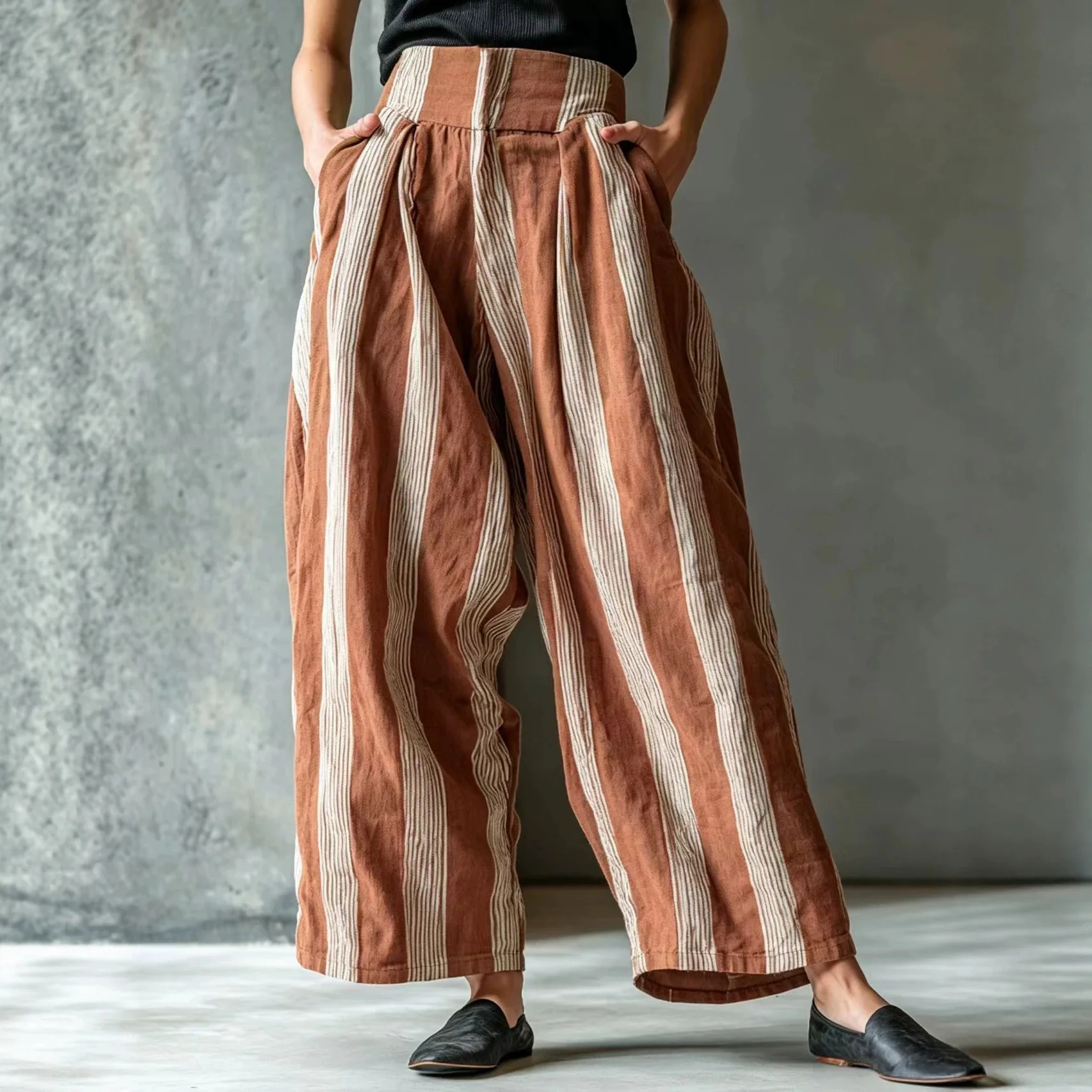 Women's High Waist Striped Wide Leg Pants Pleated Front Palazzo Trousers with Pockets Casual Summer Boho Bottoms