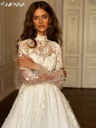 Modest High Collar Long Sleeve Wedding Dress Classic Lace Applique Dress For Bride Sparkly Bridal Gown Customized Robe De Mariée