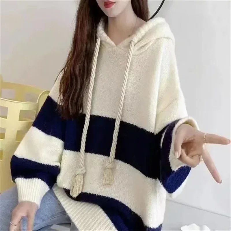 

Women Full Sleeve Hooded Korean Knitted Sweaters Casual Loose Splice Pullovers Autumn Winter 2023 Regular Print Striped Tops