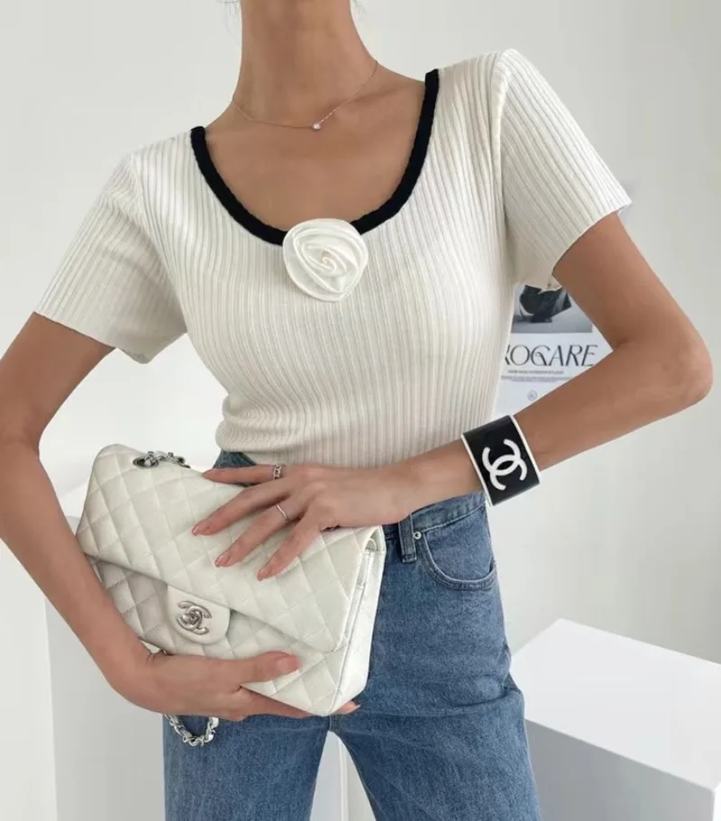 Korean Chic 3D Flower Knitted T-Shirt Women O-neck Pullover Sweater Women's Summer 2024 New French Slim Short Knitwear Crop Top