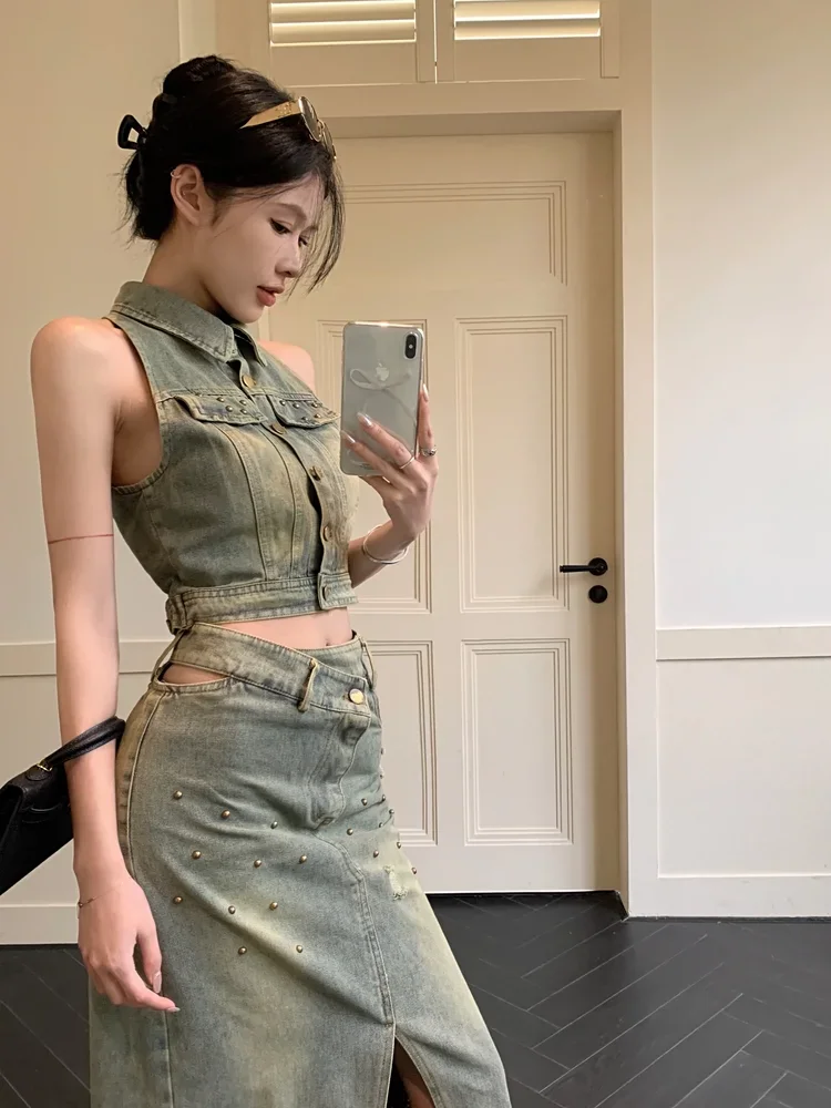 

Womens Two Peice Sets New Summer High-end Designed Retro Hot Girl Style Slim Denim Halter Neck Vest + High Waist Slit Long Skirt