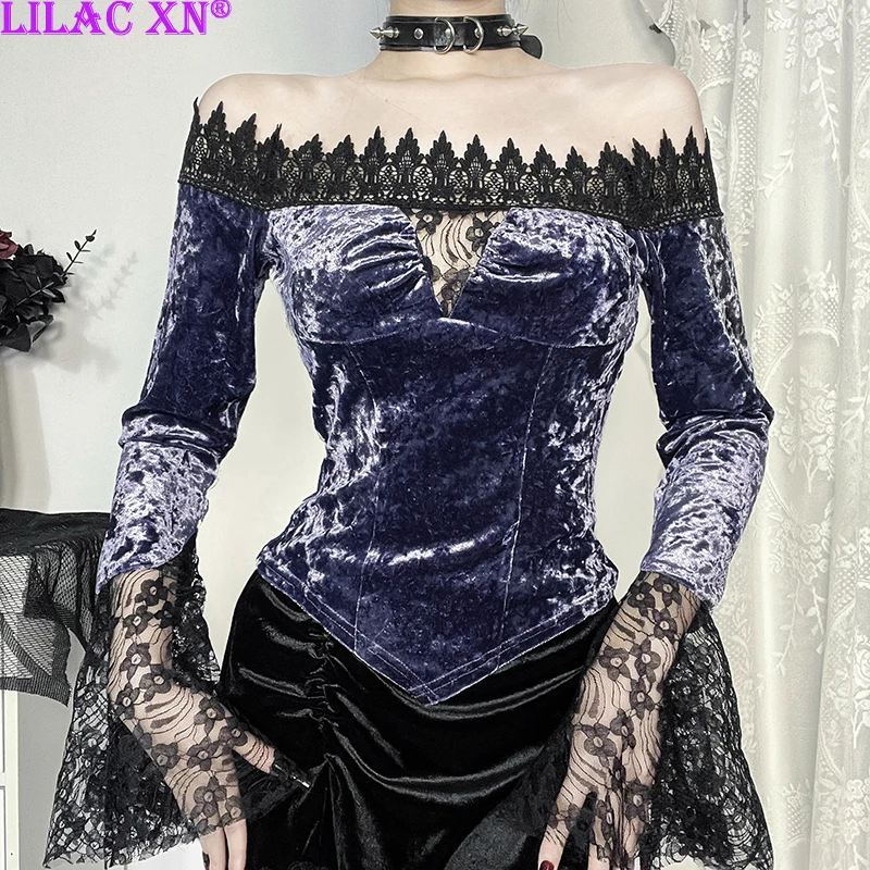 Y2K Goth Floral Lace Mesh Flared Sleeve T-Shirts Vintage Elegant Puple Velvet Off-Shoulder Lace Trim Tops Women Autumn Tees