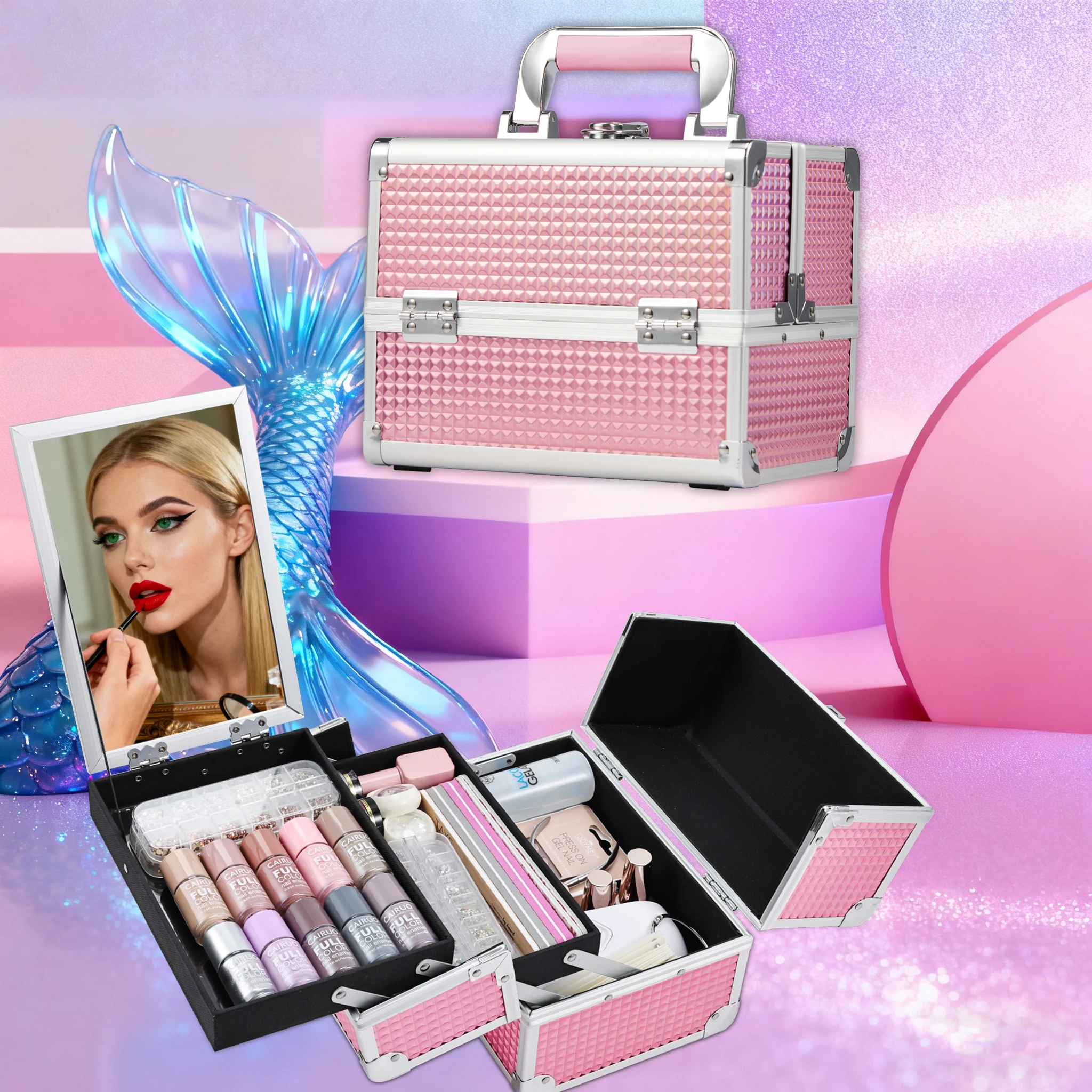 

Портативная дорожная косметичка, чехол для макияжа, чехол для макияжа с лотками, зеркальный замок, дорожная коробка для макияжа, чемодан для женщин