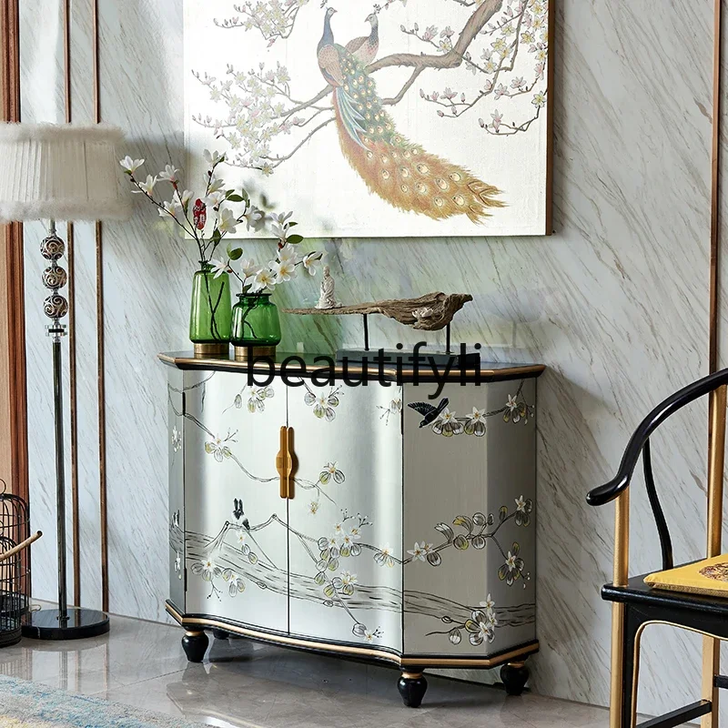 New Chinese-style American-style corridor,  entrance door, foyer, decorative  painted bird language, silver foil,shoe cabinet