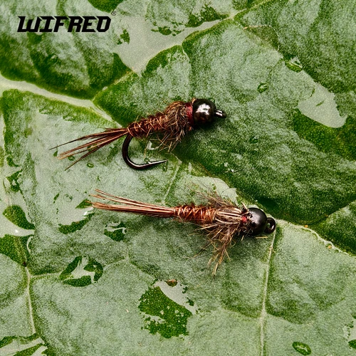 Wifreo 6PCS # 14 # 16 # 18 cabeza de cuentas oreja de liebre marrón cola de faisán Ninfa mosca pesca con mosca Artificial trucha pez blanco señuelo cebo