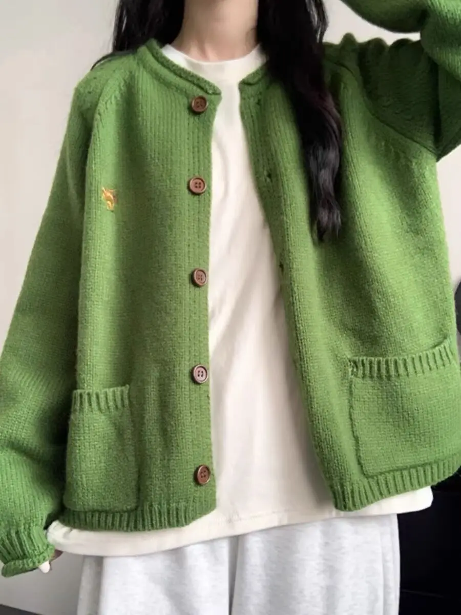 Japanese Retro Green Knitted Cardigan Sweater For Women Spring Autumn New Lazy Style Loose Soft Single Breasted Coat O-Neck Top