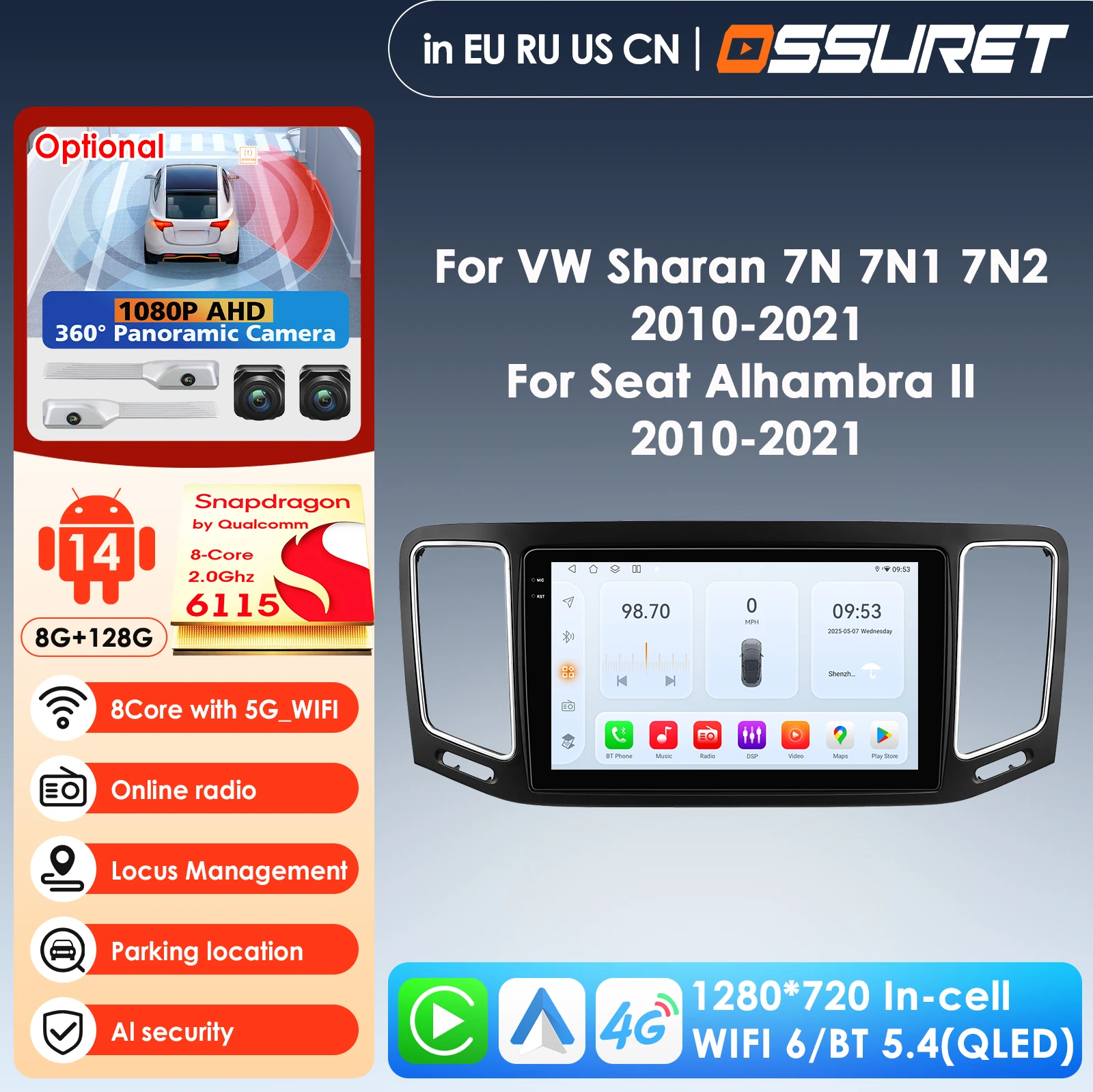 

Автомобильная магнитола OSSURET Snapdragon для Volkswagen VW Sharan SEAT Alhambra 7N 2010-2022, мультимедийный плеер с Carplay, 4G, Wi-Fi, видео